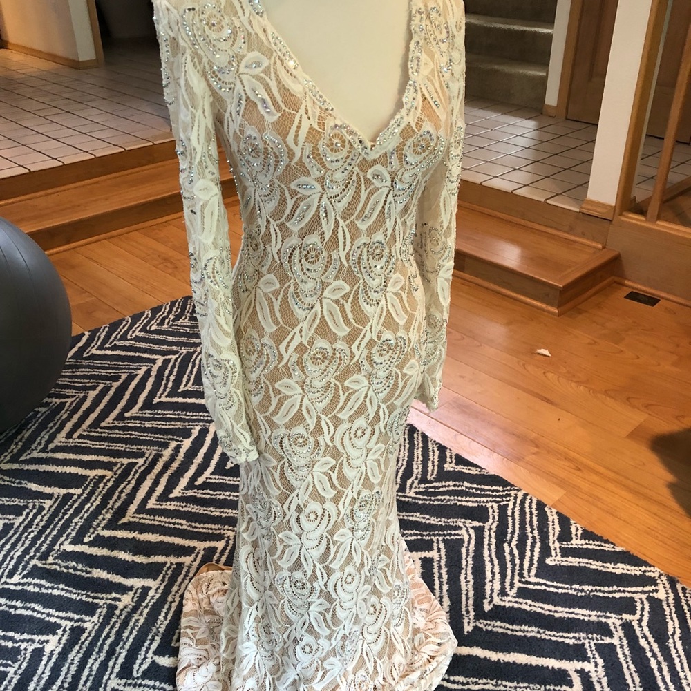 Jovani Gown, Ivory Sparkle Long Sleeve Sheath